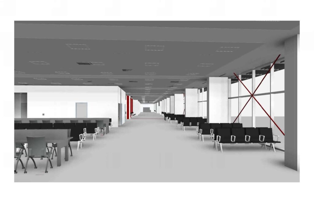Rendering of hold room seating inside terminal building
