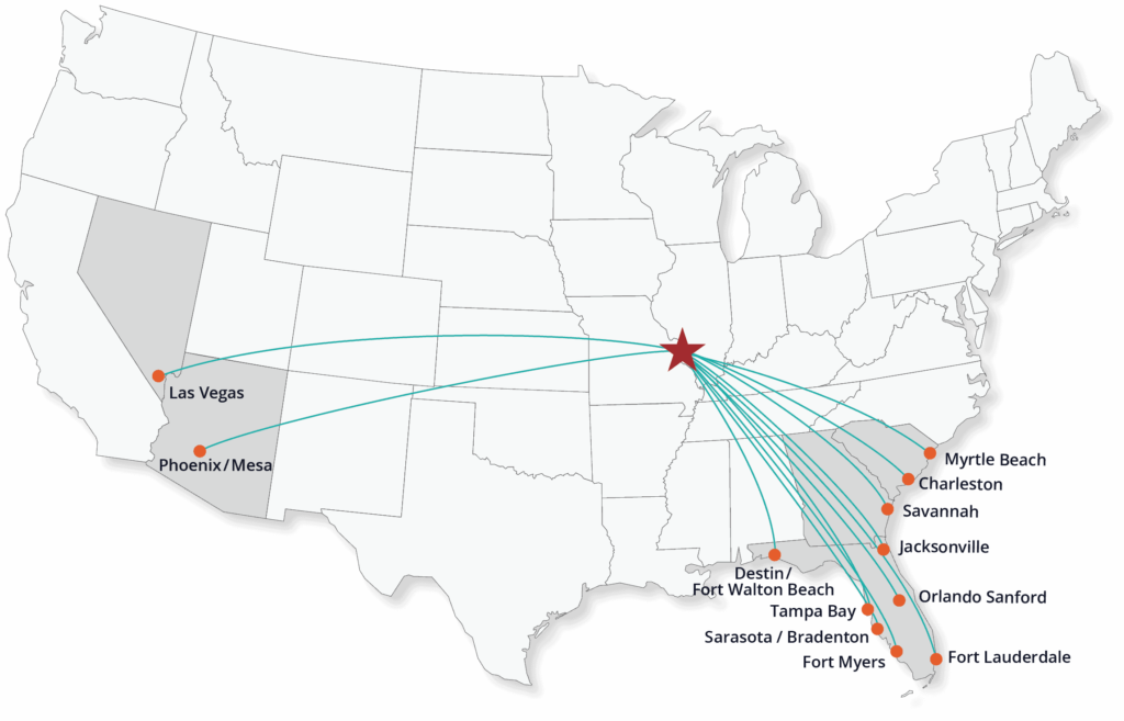Map of routes with connecting lines to Las Vegas, Phoenix/Mesa, Destin/ Fort Walton Beach, Tampa Bay, Sarsota/Bradenton, Fort Myers, Fort Lauderdale, Orlando/Sanford, Johnsonville, Savannah, Charleston, and Myrtle Beach