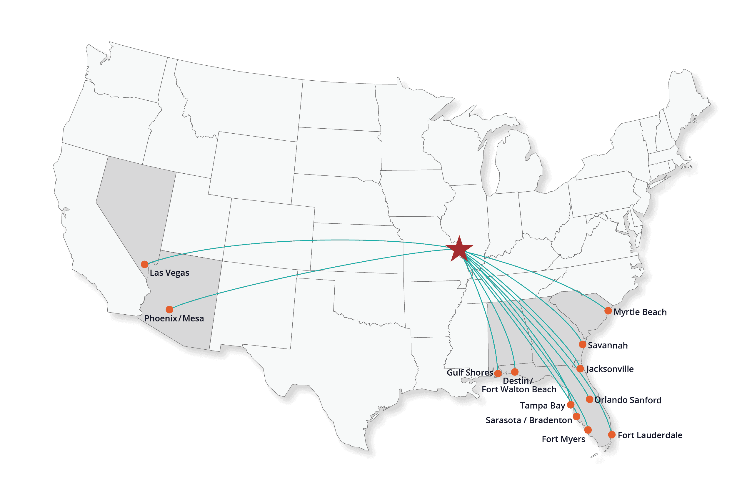 United States Map showing lines connecting BLV airport to Las Vegas Nevada, Mesa Arizona, Myrtle Beach South Carolina, Savannah Georgia, Jacksonville Florida, Orlando Sanford Florida, Fort Lauderdale Florida, Fort Myers Florida, Sarasota / Bradenton Florida, Tampa Bay Florida, Destin Fort Walton Beach Florida, and Gulf Shores Alabama.