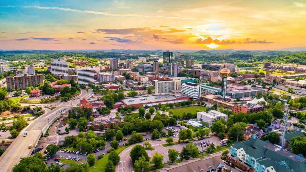 Aerial of down town Knoxville, TN at sunset